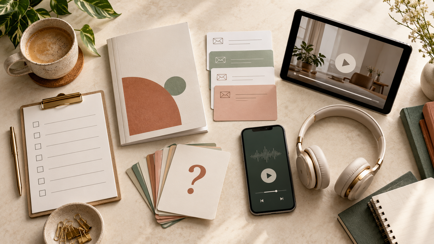 A creative desk showing several useful lead magnet formats