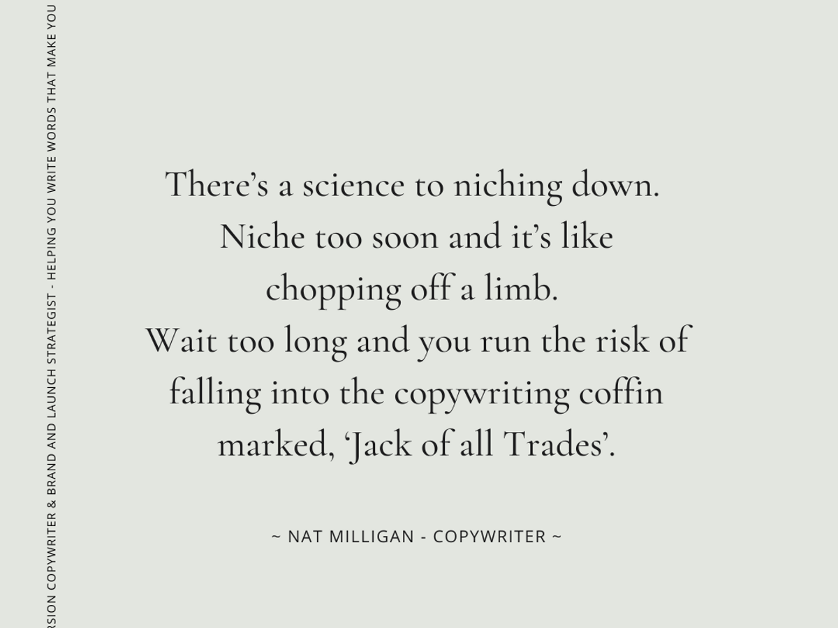 Quote from copywriter Nat Milligan about niching 