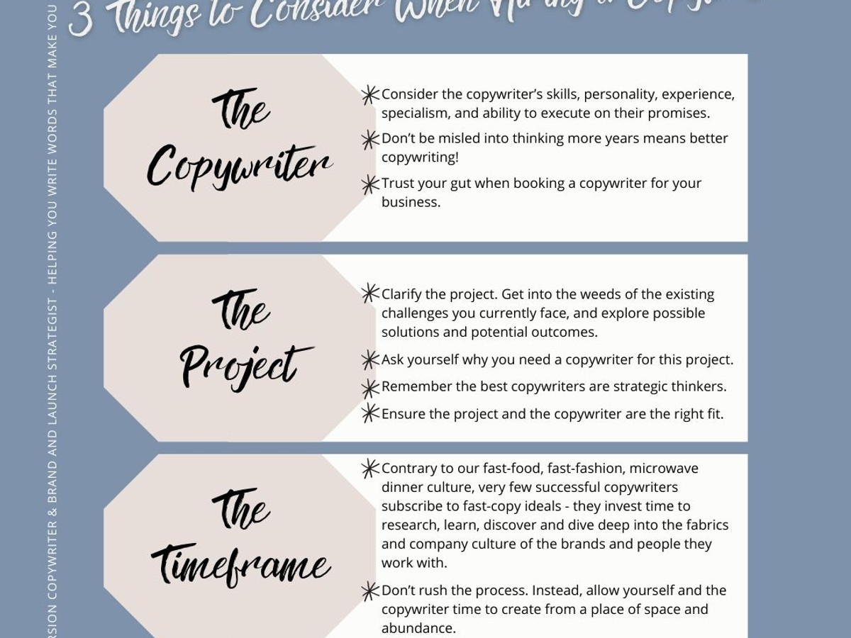 Infographic showing the 3 Things To Consider When Hiring a Copywriter