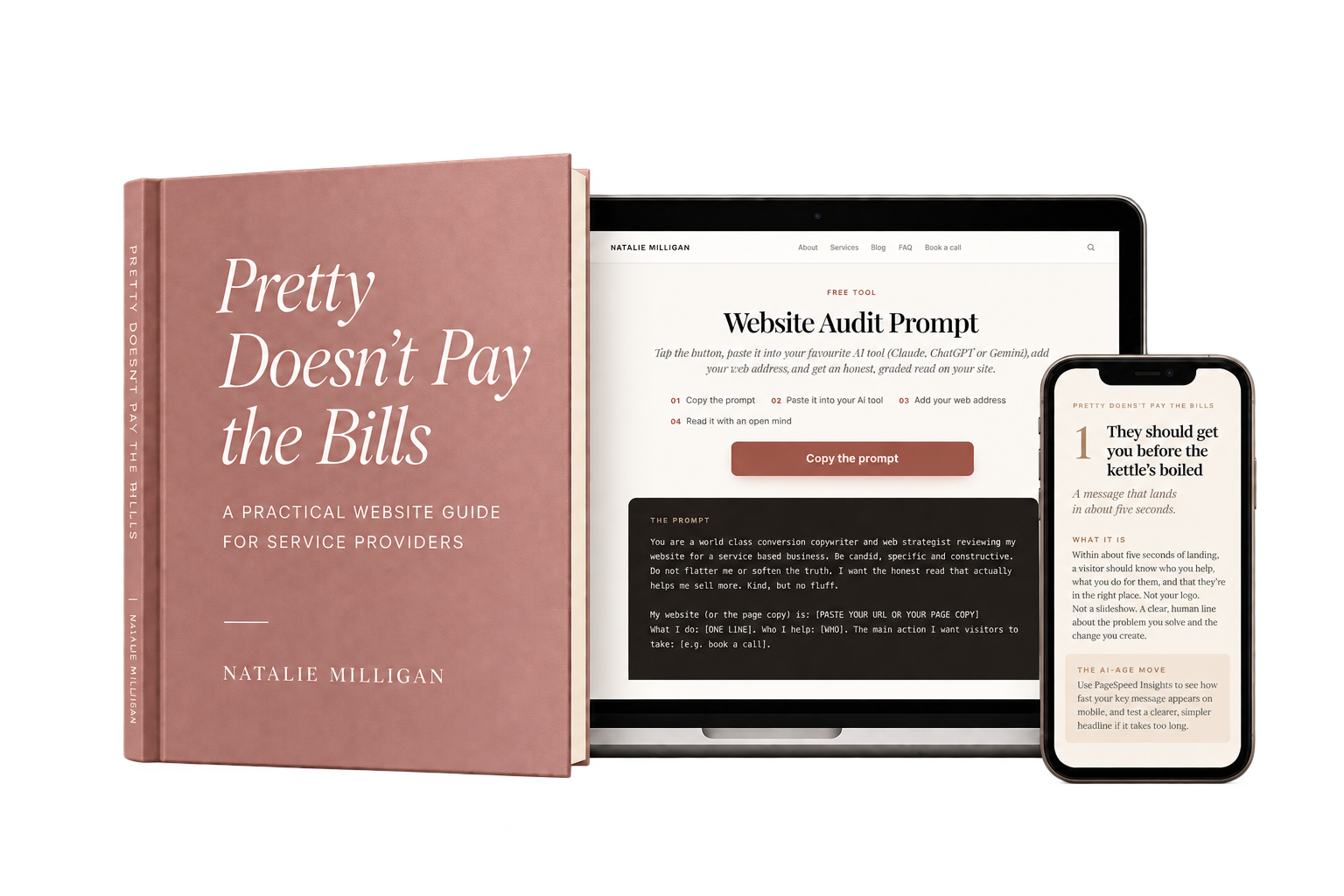 Pretty Doesn't Pay the Bills guide shown beside a laptop and phone preview